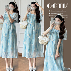 实拍法式夏季轻奢高级感减龄宽松显瘦超好看刺绣孕妇长裙