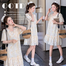 蕾丝镂空刺绣粉色小香风连衣裙女夏季温柔风甜美孕妇连衣裙