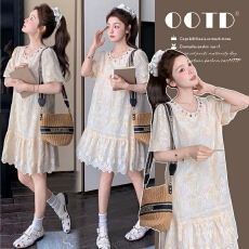 蕾丝镂空刺绣粉色小香风连衣裙女夏季温柔风甜美孕妇连衣裙