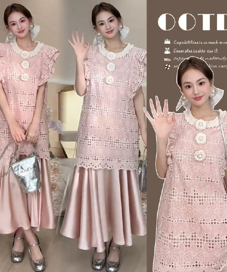 동백 나무 드레스 얇은 센스 절묘한 자수 꽃 여름 부드러운 바람 꽃무늬 페이크 레이어드 임산부 드레스