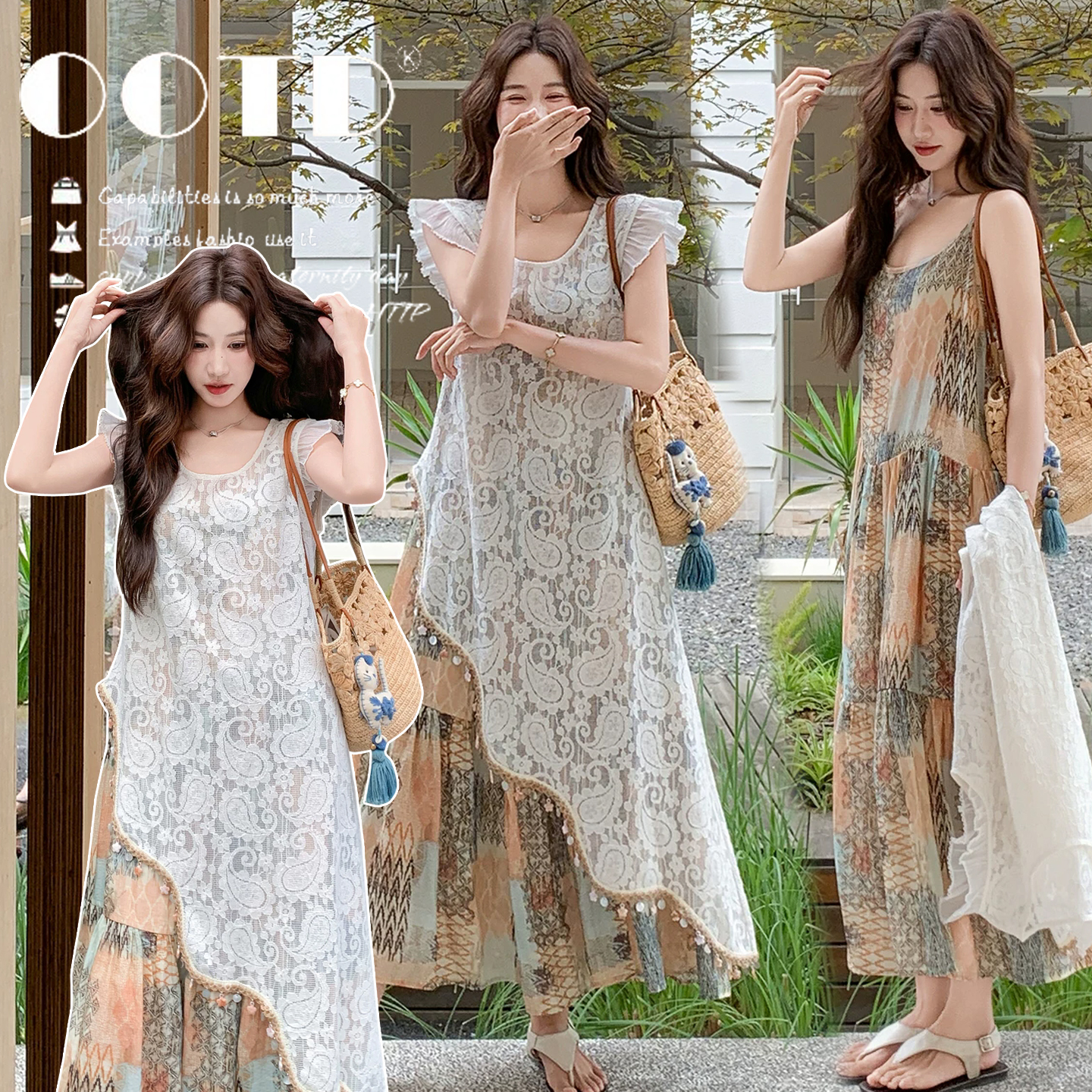 자이언트 잘 생긴 관대 한 점잖은 불규칙 레이스 블라우스 드레스 임산부 여름 새로운 슬립 드레스 투피스 세트