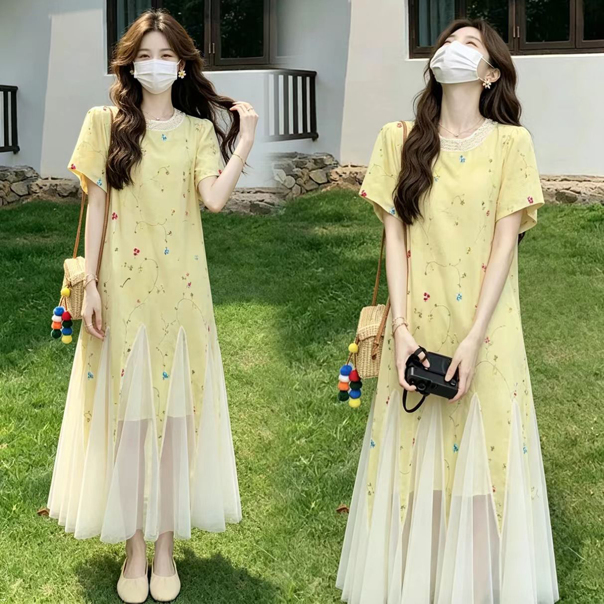 망사 패치워크 황색 드레스 2026 새로운 자이언트 잘 생긴 인기 슈퍼 화재 한 부서 인어 꼬리 스커트 폭발 출산 스커트