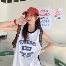 批发无袖t恤女夏季外穿街头风复古美式篮球服运动背心宽松<b class='q'>中长款</b>上衣