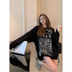 批发美式复古字母印花黑色套头卫衣女装早秋外穿宽松<b class='q'>中长款</b>慵懒风上衣