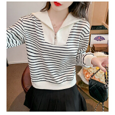 批发抖音品质2025新款海军领条纹卫衣女春秋薄款宽松短款上衣潮
