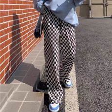批发胖MM大码300斤棋盘格阔腿裤女春季高腰宽松显瘦直筒休闲运动裤子
