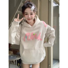 连帽长袖卫衣女春季韩版2025中长款奶系立体小花宽松套头上衣