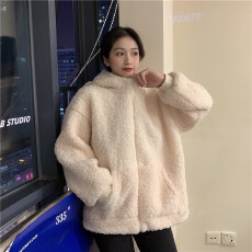 批发羊羔毛绒秋冬装小熊耳朵有趣可爱外套女宽松连帽<b class='q'>开衫</b>保暖加厚卫衣