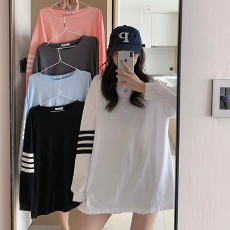 秋季韩版2025 新款长袖T恤女学生设计感宽松条纹拼接小众长袖上衣