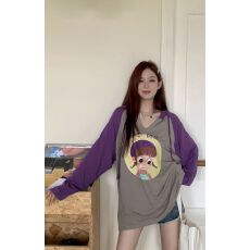卡通印花插肩袖T恤女撞色设计感下衣失踪长袖宽松显瘦连帽上衣ins