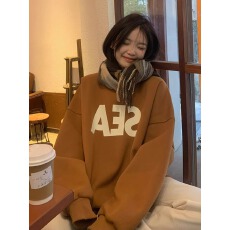 奶fufu加绒圆领纯棉卫衣女秋冬中长款遮***宽松oversize上衣加厚