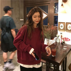 批发2025新春大红百搭假两件卫衣女学生网红款纯色简约圆领套头