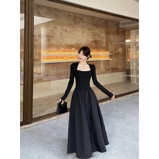 批发赫本风黑色拼接长袖<b class='q'>连衣裙</b>女秋季气质收腰显瘦大摆裙长裙