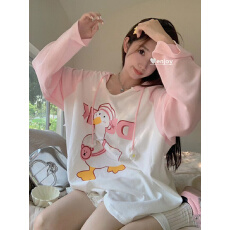 可爱鸭子拼色连帽长袖T恤女夏季2025新款休闲宽松中长款显瘦上衣