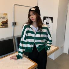 批发2025<b class='q'>秋</b>季新款韩风宽松条纹薄款拉链连帽卫衣外套休闲短款减龄上衣