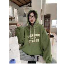 批发韩系绿色加绒连帽卫衣秋季新款慵懒风印花加厚设计感外套上衣<b class='q'>女童</b>