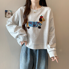 大码卡通刺绣正肩卫衣女秋冬加绒加厚胖mm宽松显瘦内搭打底衫上衣