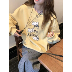 韩系卡通狗刺绣奶黄色卫衣女秋冬加厚宽松设计感减龄洋气显白上衣