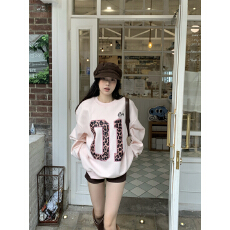 美式慵懒风豹纹字母印花圆领长袖卫衣女冬季加绒百搭上衣