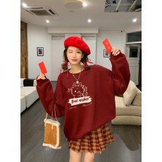 批发卫衣龙年红色加绒加厚女秋冬新款印花宽松中长款长袖上衣潮