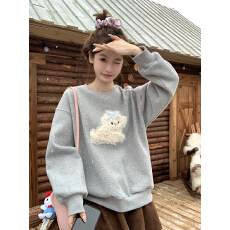 批发慵懒风小狗蝴蝶结长袖卫衣女装秋冬减龄宽松加绒加厚上衣