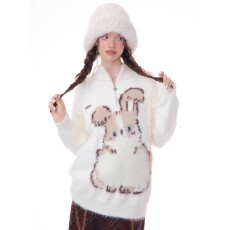 ziziFei秋冬季美式复古半高领半拉链白色毛绒兔子图案加厚毛衣女