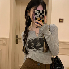 批发米呢 2025年新款百搭显瘦印花<b class='q'>V领</b>长袖<b class='q'>T</b><b class='q'>恤</b>