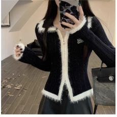 批发大码胖mm设计感绒毛双拉链针织衫女秋冬别致修身显瘦毛衣外套