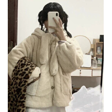 洛丽塔今年兔耳朵会动双面毛绒短外套超暖甜美萝莉