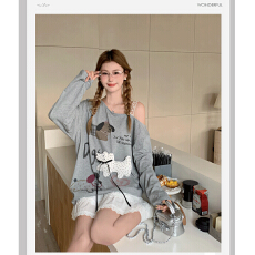 灰色小狗印花蕾丝吊带斜露肩长袖t恤女秋季休闲慵懒松弛感上衣黑