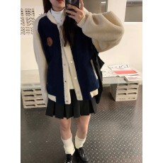 2025羊羔毛外套棒球服冬季女复古美式加厚拼接棉服毛绒短外套蓝色