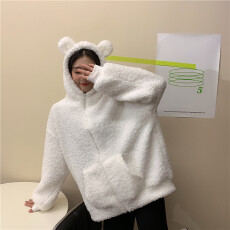 批发羊羔毛绒秋冬装<b class='q'>小熊</b>耳朵有趣可爱外套女宽松连帽开衫保暖加厚<b class='q'>卫衣</b>