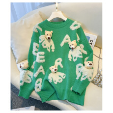 批发重工植绒立体小熊针织毛衣女2025新款秋冬日系慵懒复古奶fufu上衣