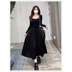批发<b class='q'>黑色</b><b class='q'>连衣裙</b>女春秋款2025新款螺纹口袋显瘦长袖赫本风法式连衣长裙