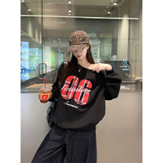 慵懒风格子字母印花斜肩长袖卫衣女早秋新款美式高街宽松休闲上衣