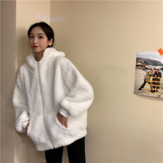 羊羔毛绒秋冬装小熊耳朵有趣可爱外套女宽松连帽开衫保暖加厚卫衣