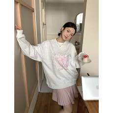 批发韩系鬼马少女蝴蝶结印花<b class='q'>长袖</b>卫衣女秋季2025新款宽松加绒减龄上衣