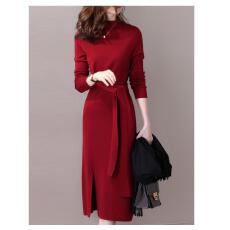 新款秋季半高领收腰系带羊毛连衣裙红色针织打底毛衣裙女