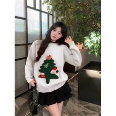 秋冬慵懒新款洋气圣诞树减龄宽松上衣提花红色圆领毛衣套头针织衫
