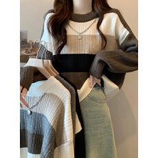 复古撞色条纹毛衣女秋冬2025新款日系慵懒风软糯套头短款宽松上衣