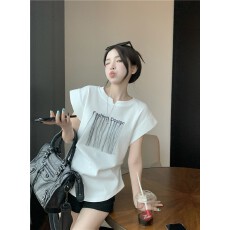 夏季新款刺绣流苏正肩短袖t恤女设计感小众短款小飞袖无袖上衣潮