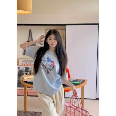 批发卡通狗狗印花短袖蓝色T恤女夏季宽松减龄打底衫休闲上衣