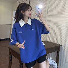 批发华夫格短袖T恤少女夏装2025新款初中高中学生宽松polo衫运动<b class='q'>上衣</b>