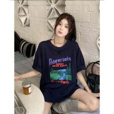 批发美式复古印花圆领短袖女t恤2025新款慵懒风宽松中长款半袖<b class='q'>上衣</b>夏