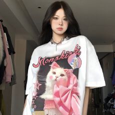 批发美式复古创意爱心猫咪印花宽松百搭新款圆领ins学生<b class='q'>短袖</b><b class='q'>T</b><b class='q'>恤</b>上衣潮