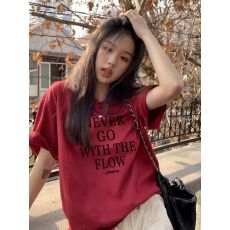 字母印花红色纯棉短袖t恤女2025新款休闲宽松百搭夏季半袖上衣ins