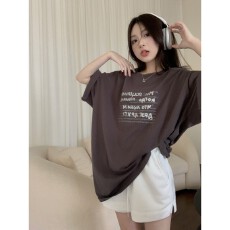 男友风T恤女夏季2023新款复古字母印花宽松中长款休闲短袖上衣ins