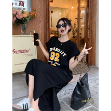 批发韩版字母印花圆领中长款宽松百搭休闲<b class='q'>短袖</b>T恤<b class='q'>连衣裙</b>