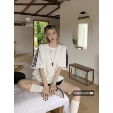 后包领美式复古三条杠条纹短袖T恤女装夏季宽松休闲显瘦上衣潮