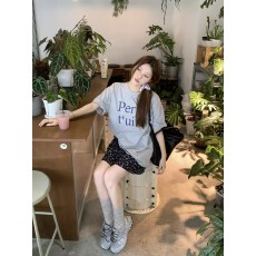 个性字母印花短袖灰色T恤女夏季慵懒风宽松休闲显瘦上衣